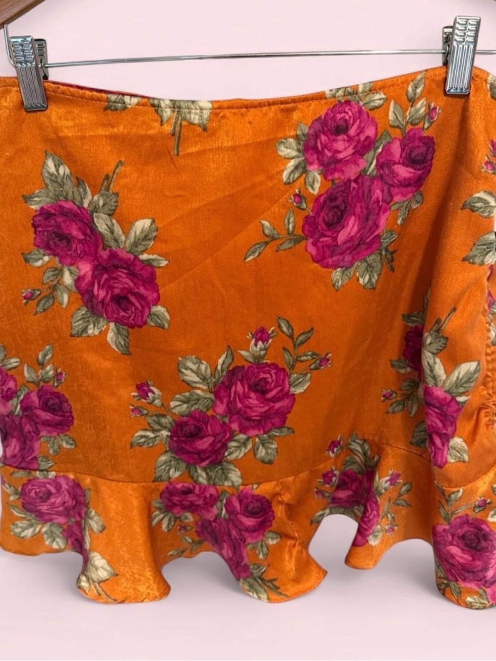 Forever 21 Orange Satin Mini Skirt with Pink Rose Print - Picture 1 of 4